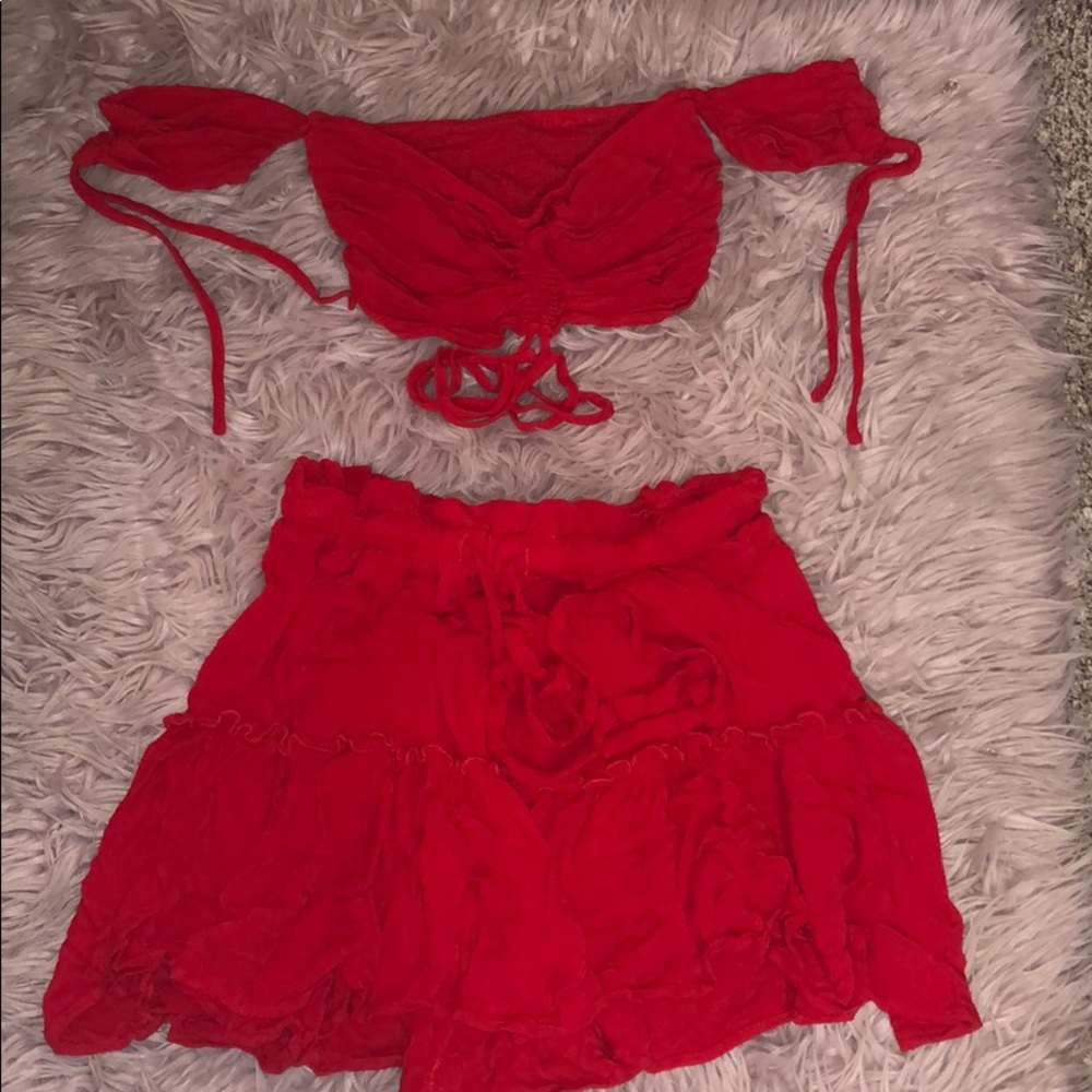 Two piece red ruffle skirt set
